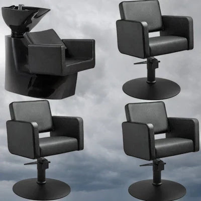 Luxuriöses 3er Set Friseurstühle Class R und elegantes Waschbecken Knot in Schwarz – Die perfekte Ausstattung für jeden Friseursalon!