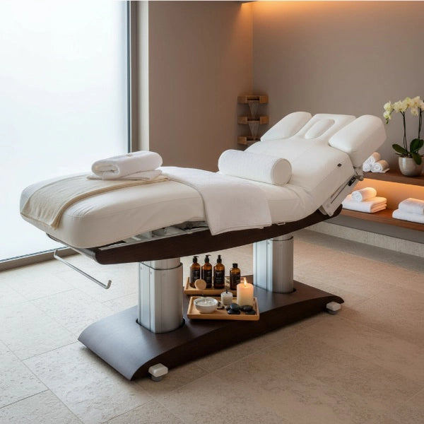 Elektrische Massageliege, 4 Motoren, LED, verstellbarer Rückenlehne, Behandlungsliege Troch in Weiß - Tiptop - Einrichtung