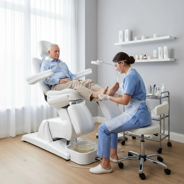 Fußpflegestuhl elektrisch mit 3 Motoren, Pediküre stuhl in Weiß, Podologiestuhl Sadira Höhenverstellbar - Tiptop - Einrichtung