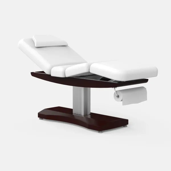 Elektrische Massageliege Mica mit drei Motoren, weiße Polsterung, braunes Fußgestell und Papierrollenhalter