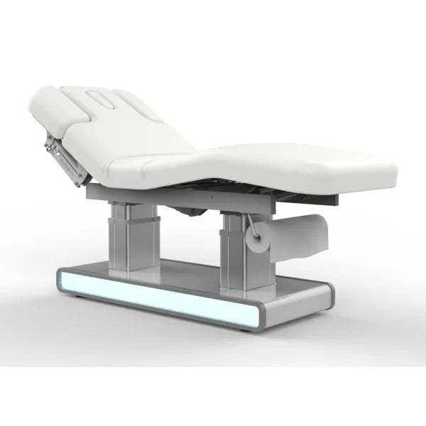 Elektrische Massageliege Weiß mit LED-Untergestell, Doppelständer, verstellbare Rückenlehne und Heizfunktion.