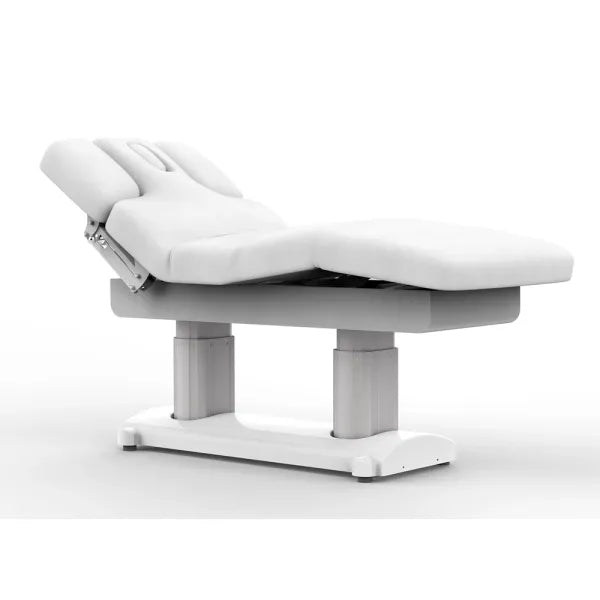 Elektrische Massageliege mit Heizfunktion: Vier Motoren, Höhen- und Neigungsregulierung, 13 cm PU-Polsterung weiß.