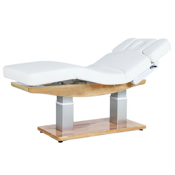 Elektrische Massageliege mit Heizfunktion, vier Motoren, Armlehnenverstellung, Holzoberflächen, weiße Polsterung.