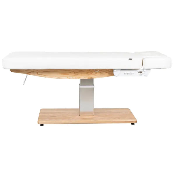 Elektrische Massageliege mit Heizfunktion und LED, 3 Motoren, Fernbedienung, Sockel aus Naturmassivholz im Wellnessraum