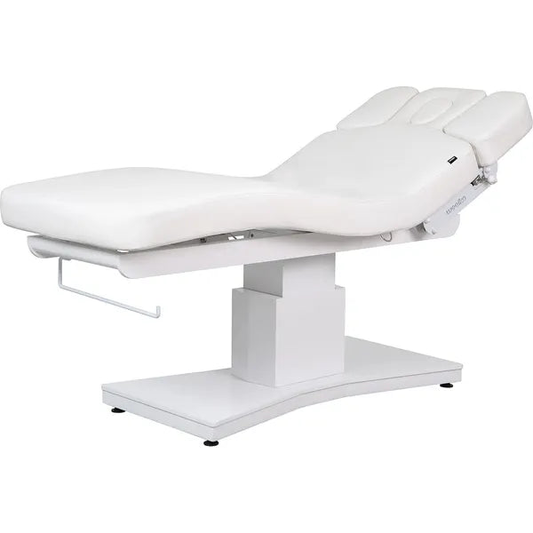 Elektrische Massageliege mit 3 Motoren, Massagetisch in Weiß, Behandlungsliege Plenius für professionelle Anwendungen.