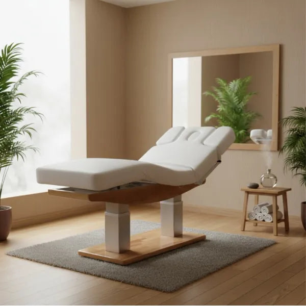 Elektrische Massageliege mit Heizfunktion, 4 Motoren, Holzbasis, verstellbare Armlehnen.