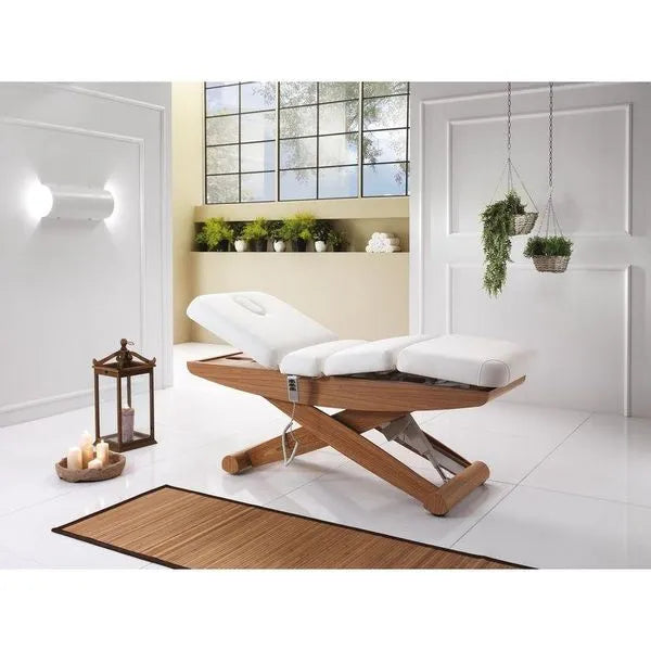 Elektrische Massageliege mit 3 Motoren, Massagetisch mit LED, Behandlungsliege Colonial-wood in Weiß - Tiptop - Einrichtung