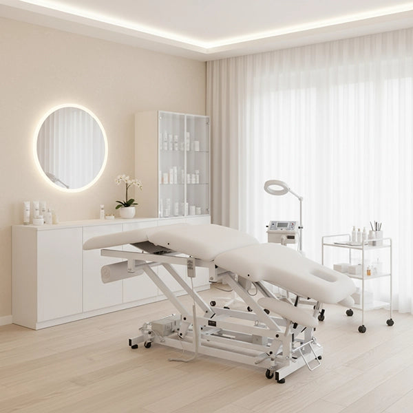 Elektrische Massageliege mit 3 Motoren, Behandlungsliege in Weiß, Therapieliege Acrum - Massagebank - Tiptop - Einrichtung
