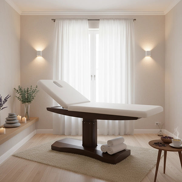 Weiße Massageliege, braune Basis, zwei Motoren, Höhenverstellung, Rückenlehne verstellbar, Behandlungsliege Lina