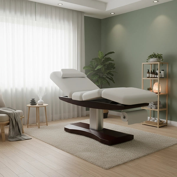 Elektrische Massageliege mit drei Motoren, höhenverstellbar, verstellbare Rückenlehne, Weiß auf dunklem Holz.