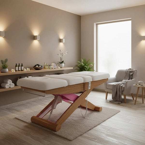 Massageliege aus Holzgestell mit weißen PU-Polstern, X-Beinen und pinken Stützstreben