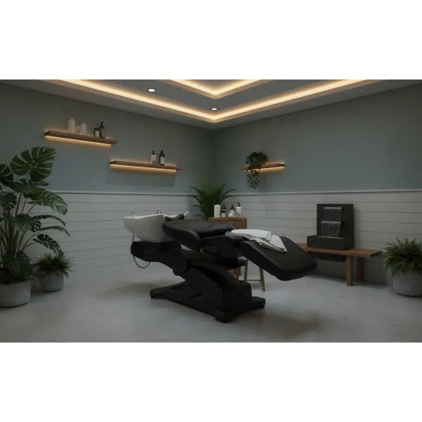 Headspa Liege Wellness Satori mit weißem Waschbecken, drehbare professionelle Spa-Behandlungsliege.