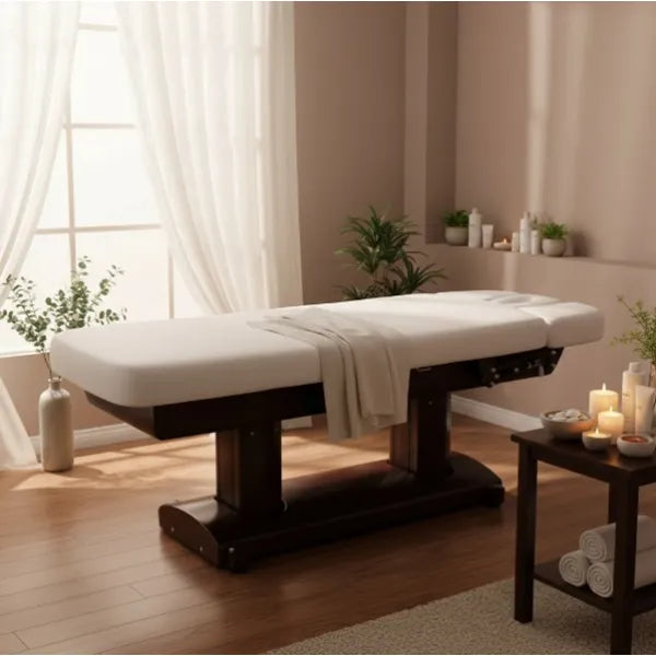 Elektrische Massageliege mit 4 Motoren, Massagetisch Tensor mit verstellbaren Armlehnen, Behandlungsliege in Weiß-Braun - Tiptop - Einrichtung