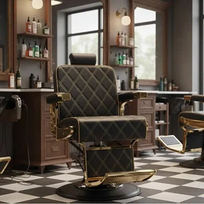 Der Barberstuhl Gon in Gold-Schwarz: Die perfekte Fusion aus Eleganz und Funktionalität für moderne Friseursalons.