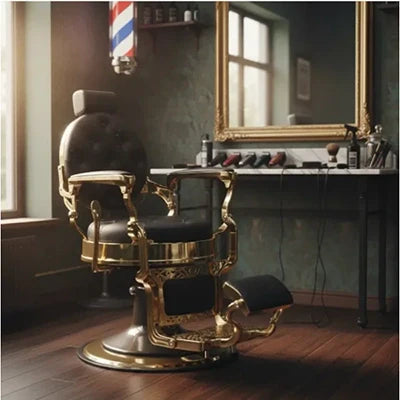 Luxus und Komfort: Der Vintage Mack Barberstuhl in Gold-Schwarz für jeden Salon