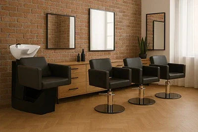 „Eleganz trifft Komfort: Die perfekte Kombination aus 3 Friseurstühlen Chic R und 1 Friseurwaschbecken Knot für jeden Salon