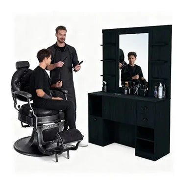 Stylischer Vintage-Charme: Der Clint Barberstuhl und der Friseur Bedienplatz OKE für ein elegantes Salonambiente