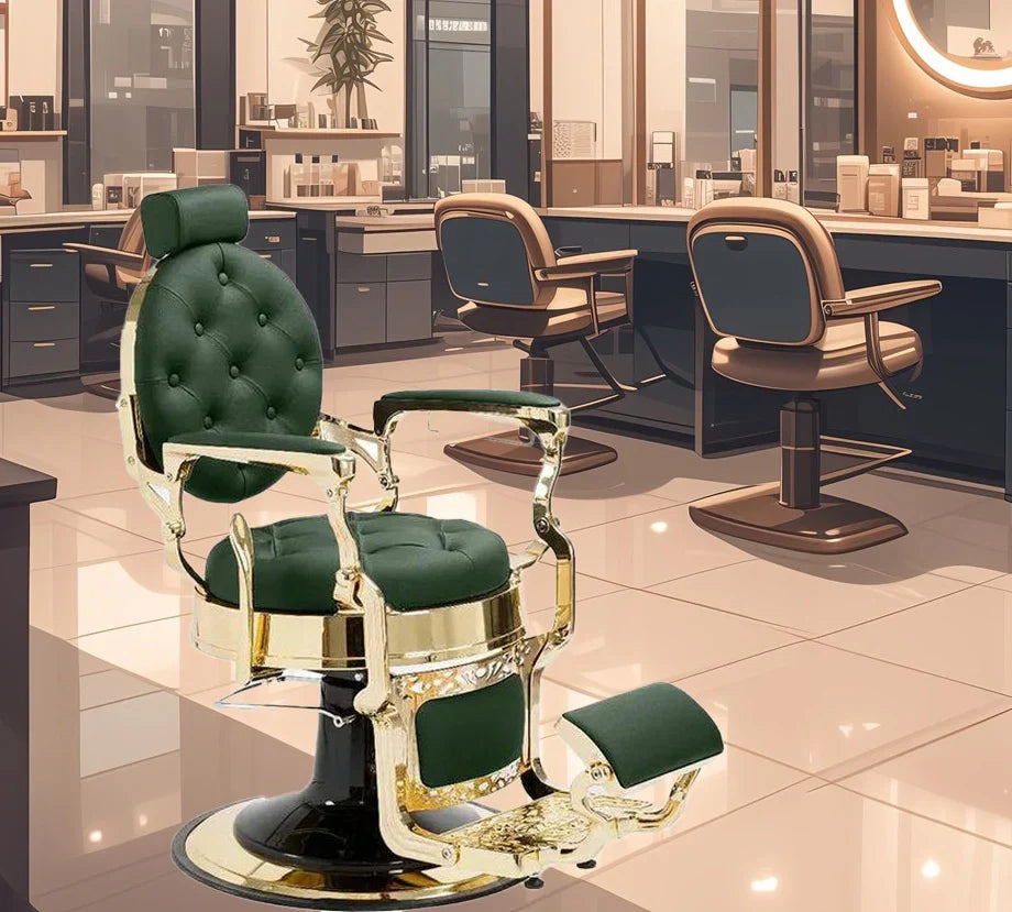 Eleganter Vintage Barberstuhl in Gold und Grün: Der perfekte Friseurstuhl für Ihr Salon-Design