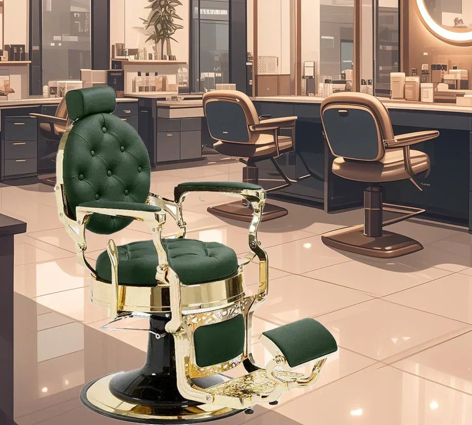 Eleganter Vintage Barberstuhl in Gold und Grün: Der perfekte Friseurstuhl für Ihr Salon-Design