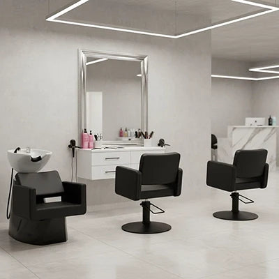 Optimale Salon-Lösung: Friseur Waschbecken Knot und 3 Friseurstühle Class R für maximalen Komfort und Stil.