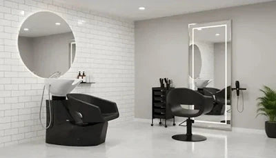 Maximaler Komfort und Effizienz: Das ideale Paket mit 3 GLAM Friseurstühlen und 1 eleganter ROLLS Waschstation für moderne Salons