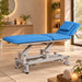 Elektrische Kosmetikliege in Blau mit 1 Motor, teleskopierbare Kopfteil und rollbare Füße für professionelle treatments im Wellnessstudio.