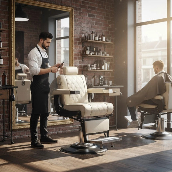 Barber stuhl im modernen Hellbeige mit silber-dunkelgrauem Rahmen, Herren Friseurstuhl Fold, Barbershop stuhl - Tiptop - Einrichtung