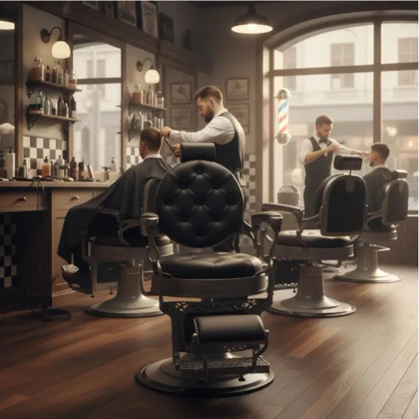 Barber stuhl in schwarzer Polsterung - gebürstetem Rahmen, Herren Friseurstuhl Mack, Barbershop stuhl - Tiptop - Einrichtung