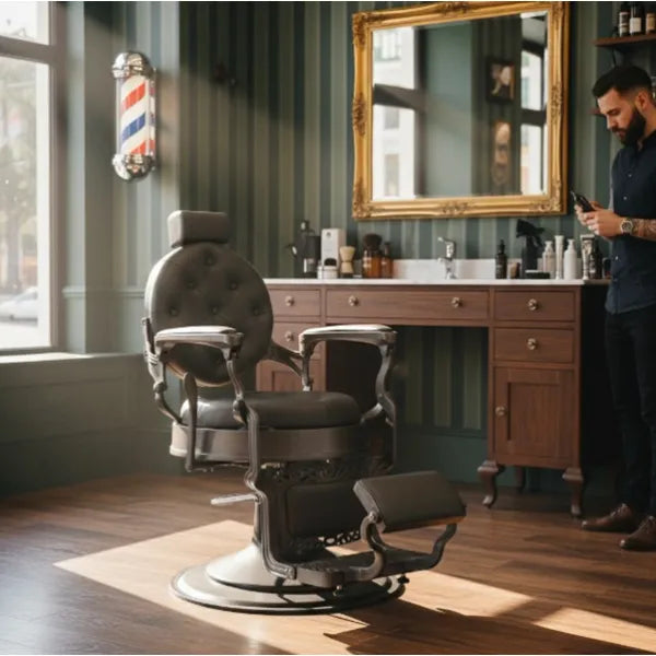 Barber stuhl mit dunkelgrauer - gebürstetem grauen Rahmen, Herren Friseurstuhl Mack, Barbershop stuhl - Tiptop - Einrichtung