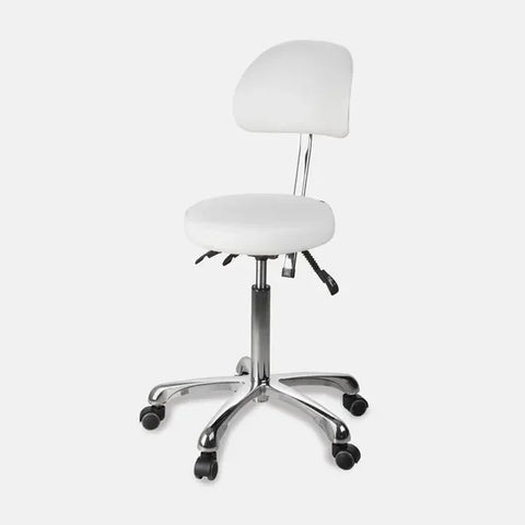 Rollhocker mit verstellbarer Rückenlehne, Zin Back in Weiß, ergonomisch und höhenverstellbar für optimalen Komfort.