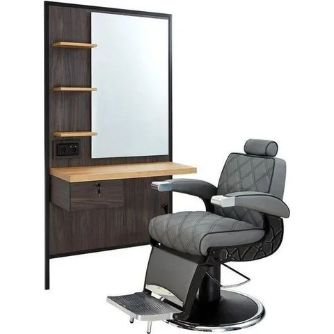 1x Barber stuhl Hugo in Grau - 1x Friseur Bedienplatz Logan-B mit Beleuchtung - Tiptop - Einrichtung
