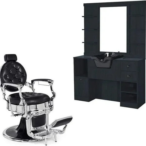 1x Barber stuhl Kirk in Schwarz - 1x Friseur Bedienplatz, Vorwärtswaschbecken friseur OKE 1/98 - Tiptop - Einrichtung
