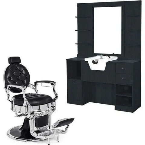 1x Barber stuhl Kirk in Schwarz und 1x Friseur Bedienplatz, Vorwärtswaschbecken friseur OKE 2/98/W - Tiptop - Einrichtung