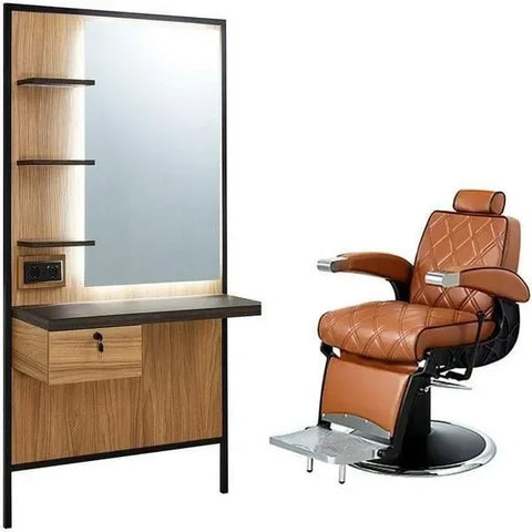 1x Friseur Bedienplatz Logan-BR - 1x Barber stuhl Hugo in Braun - Tiptop - Einrichtung