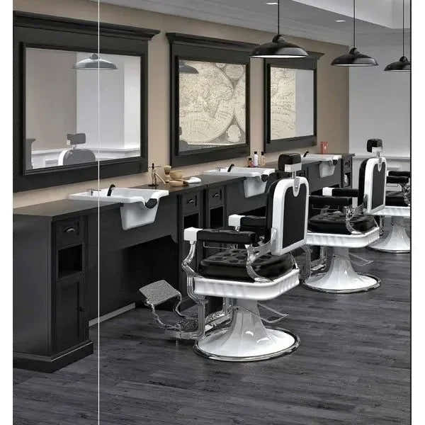 1x Friseur Bedienplatz, Vorwärtswaschbecken friseur 3B William – 1x Barber stuhl Clint