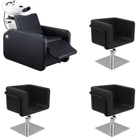 1x Friseur Waschbecken Charly mit Fußstütze - 3x Friseurstuhl Egan B S - Tiptop - Einrichtung