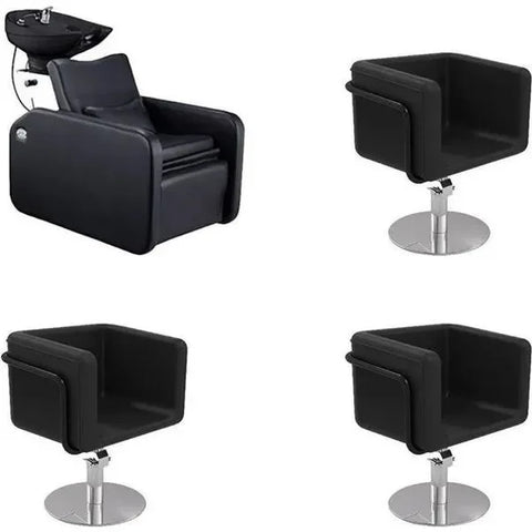 1x Friseur Waschbecken Charly mit Fußstütze und 3x Friseurstuhl Egan B R - Tiptop - Einrichtung
