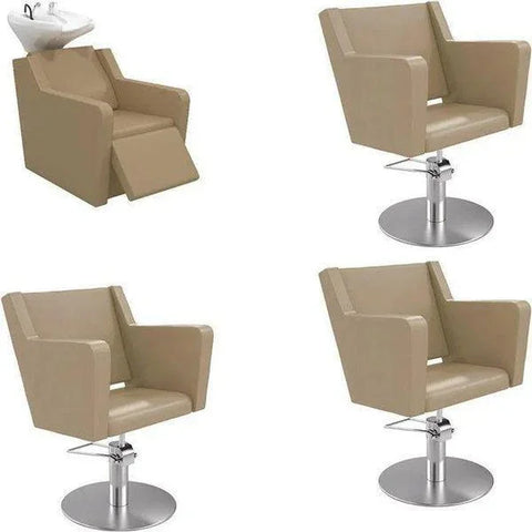 1x Friseur Waschbecken, elektrische Fußstütze Yannik - 3x Friseurstuhl Anouk BE R - Tiptop - Einrichtung