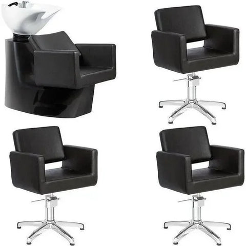 Black salon set with one shampoo basin chair and three adjustable hydraulic styling chairs