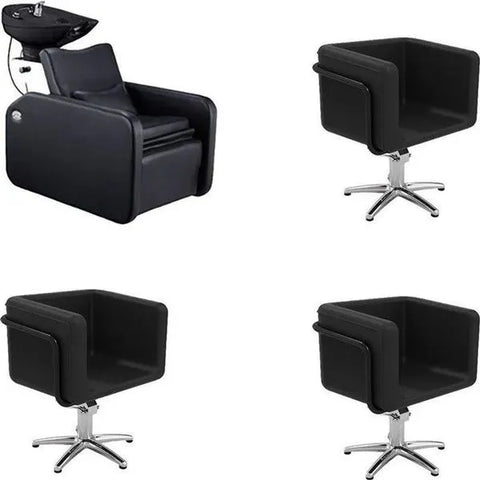 1x Friseur Waschbecken mit Fußstütze Charly - 3x Friseurstuhl Egan B F - Tiptop - Einrichtung