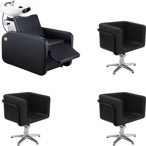 1x Friseur Waschbecken mit Fußstütze Charly - 3x Friseurstuhl Egan B F - Tiptop - Einrichtung