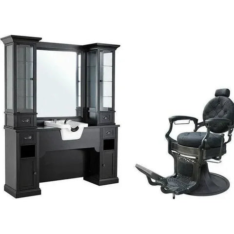 1x Friseur Vorwärtswaschbecken, Barbershop Bedienplatz 1B/22 William - 1x Herren Friseurstuhl, Barberstuhl Vintage Clint - Tiptop - Einrichtung