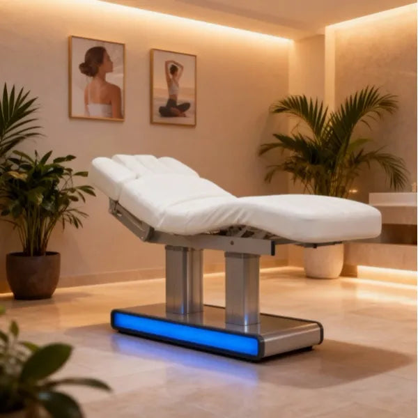 Elektrische Massageliege mit Heizfunktion und LED, Massagetisch mit 4 Motoren, Behandlungsliege Muse in Weiß - Tiptop - Einrichtung