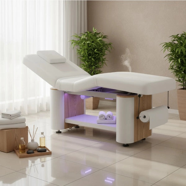 Elektrische Massageliege mit Höhenverstellung und LED, Massagetisch in Weiß, Behandlungsliege Baltic-Wood - Tiptop - Einrichtung