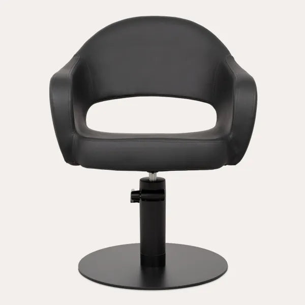 Friseurstuhl LIRA mit Hydraulik – ergonomisch, stabil, komfortabel, schwarzes Leder, runder Standfuß