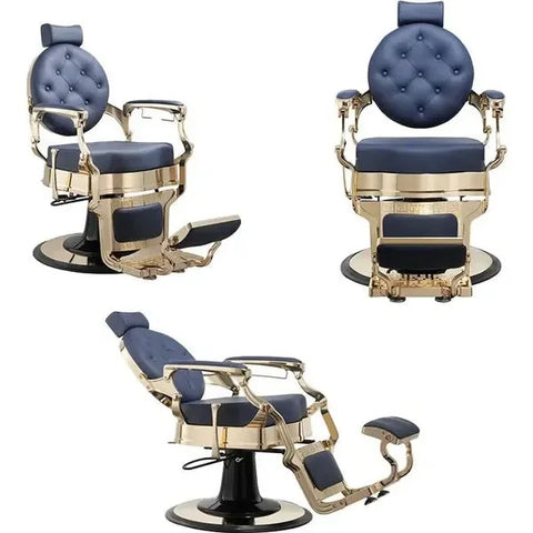 3x Barber stuhl in Gold-Blau, Herren Friseurstuhl Buzz, Luxuriöser Barbershop stuhl für stilvolle Salons - Tiptop - Einrichtung