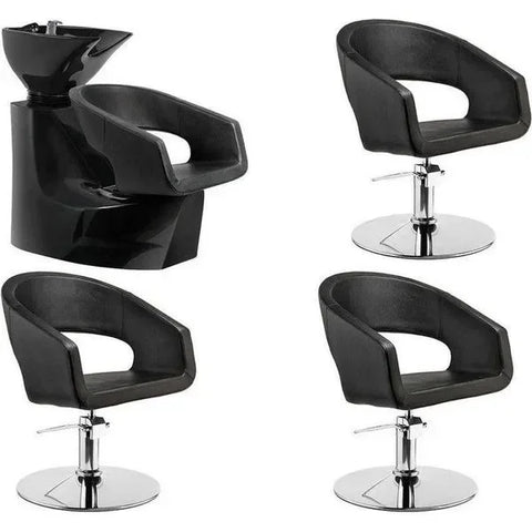 3x Friseurstuhl Boho - 1x Friseur Waschbecken Rolls Schwarz - Tiptop - Einrichtung