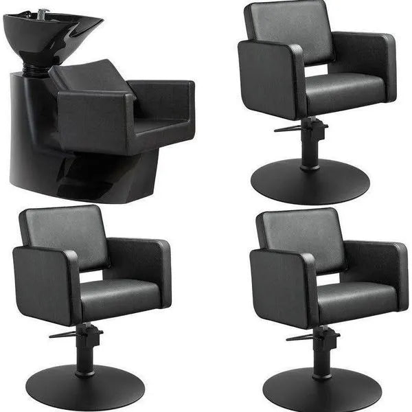 3x Friseurstuhl Class R - 1x Friseur Waschbecken Knot Schwarz-Schwarz - Tiptop - Einrichtung