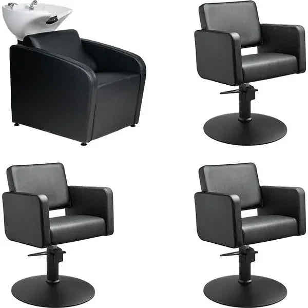 3x Friseurstuhl Class R in Schwarz - 1x Friseur Waschbecken Mullet in Schwarz - Tiptop - Einrichtung