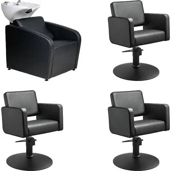 3x Friseurstuhl Class R in Schwarz - 1x Friseur Waschbecken Mullet in Schwarz - Tiptop - Einrichtung